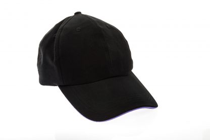 Black golf cap with purple colour trim on white background